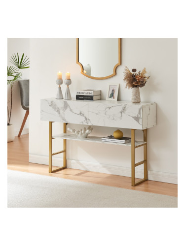 Конзолна маса Varberg 75x120x30 см мраморна визия, бяла []
