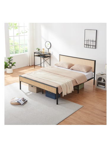 Метално легло Linköping с правоъгълна табла 160x200 см черно/ратан []