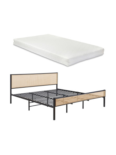 Метално легло Linköping с правоъгълна табла и матрак 180x200 см черно/ратан []