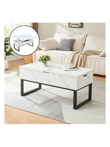 Холна маса Rauli с повдигащ се плот и място за съхранение 100x50x47 см мраморна визия, бяла []