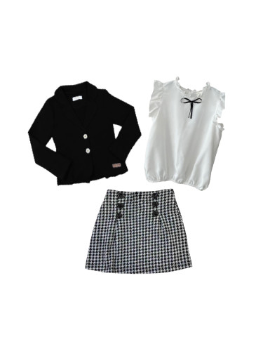 Комплект от 3 части - детска пола пепит с риза с къс ръкав с панделка 