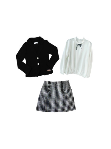 Комплект от 3 части - детска пола пепит с риза с дълъг ръкав с панделк