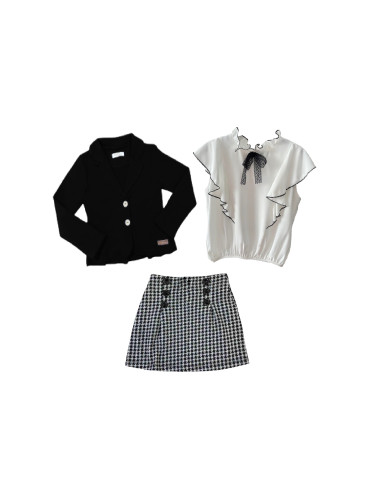 Комплект от 3 части - детска пола пепит с риза с къс ръкав панделка и 