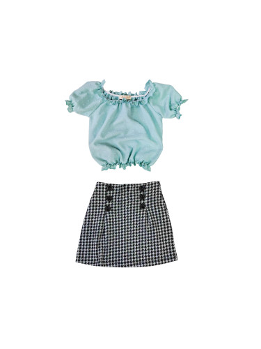 Комплект от детска пола пепит и къс топ с буфан къс ръкав в тюркоаз/ме