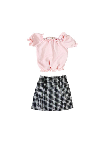 Комплект от детска пола пепит и къс топ с буфан къс ръкав в пудра