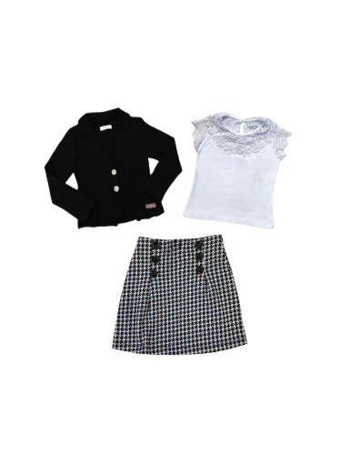 Комплект от 3 части - пола пепит и блуза с къс ръкав с дантела отпред 