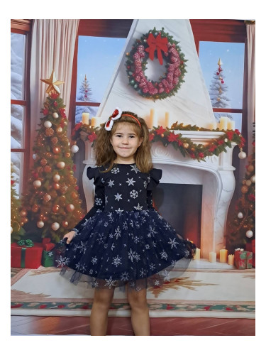 Ватирана детска коледна рокля Магда в тъмносиньо на бели снежинки с тю
