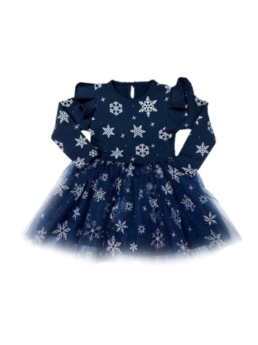 Детска ватирана коледна рокля Магда в тъмносиньо на бели снежинки с тю