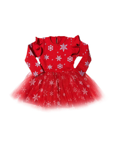 Детска ватирана коледна рокля Магда в червено на бели снежинки с тюл