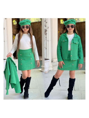 Комплект за момиче Неви от 4 части-права пола, сако в пепит в зелено,