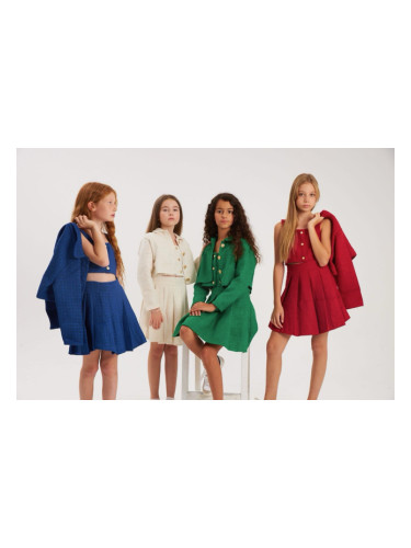 Комплект за момиче Нелиса от 3 части-пола, сако в пепит в зелено и бюс