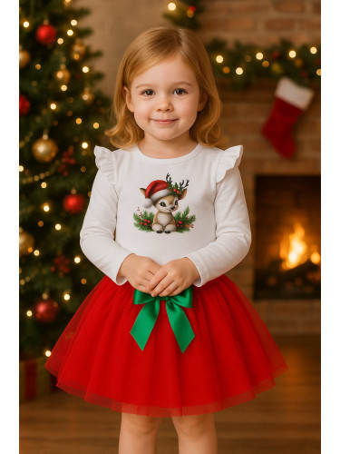 Коледен комплект за момиче от блузка в бяло с еленче и туту пола в чер