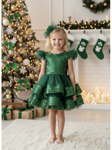 Коледна детска рокля в зелено с пайети, тюл и фиба за коса Айрис