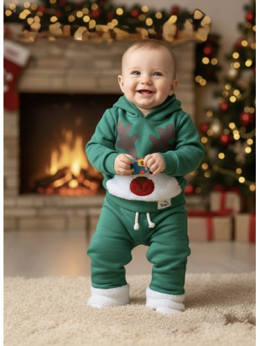 Ватиран коледен детски комплект от блузка и панталон в зелено с плюшен