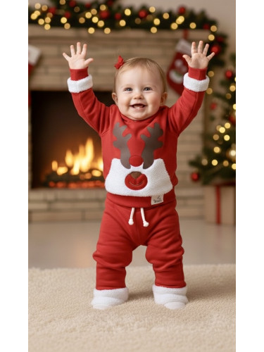 Ватиран коледен детски комплект от блузка и панталон в червено с плюше