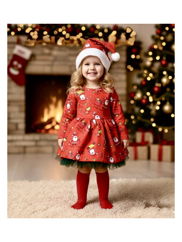 Детска коледна рокля с дълъг ръкав в червено с коледна шапка и зелен т