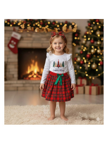 Коледен комплект за момиче от пола каре в червено и блузка в бяло с къ