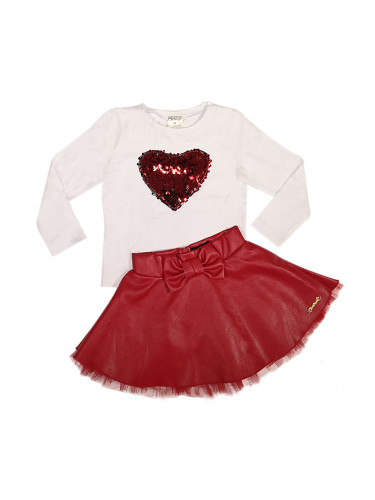 Комплект от кожена пола в червено и блузка със сърце от пайети