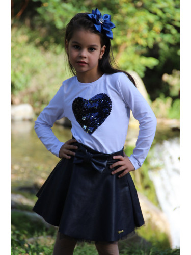 Комплект от кожена пола в тъмносиньо и блузка със сърце от пайети Хенр