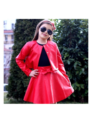 Комплект от детска кожена пола в червено и късо кожено яке в червено