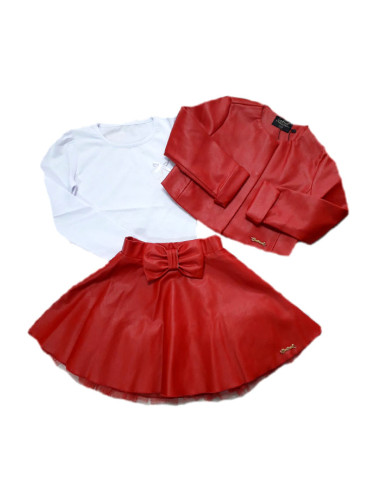 Комплект от 3 части-детска кожена пола в червено, блузка в бяло и кож