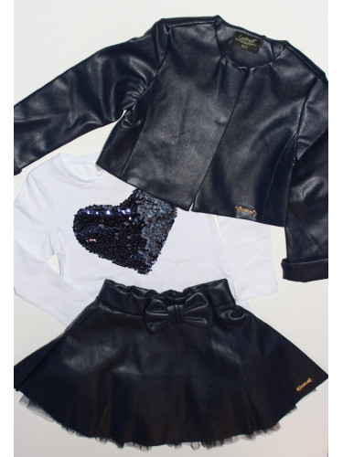 Комплект от 3 части-детска кожена пола в тъмносиньо, блузка в бяло и 