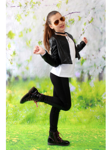 Комплект от 3 части-блуза в бяло с надпис, кожен клин и късо яке в чер