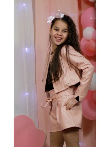 Комплект от късо кожено яке и къси кожени панталони в пепел от рози