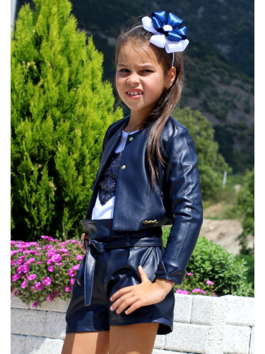 Детски комплект от късо кожено яке и къси панталони в тъмносиньо