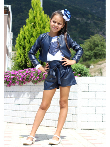 Детски комплект от 3 части- кожено яке, къси панталони в тъмносиньо и 