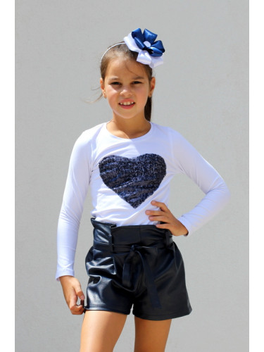 Комплект от детска блузка сърце и кожени панталони в тъмносиньо 