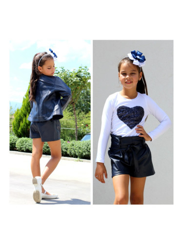 Детски комплект от кожено яке с цип, къси панталони и блуза