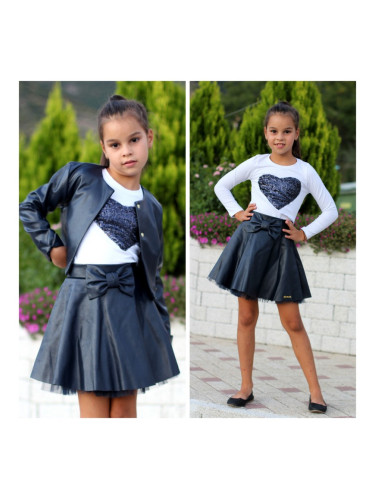 Комплект от 3 части-детска кожена пола в тъмносиньо, блузка в бяло и 