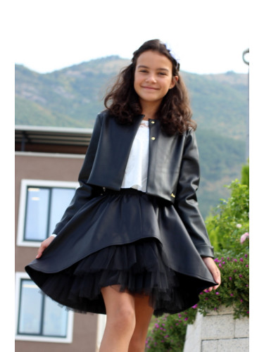 Комплект Дари от детска кожена пола в чернo и късо кожено яке в черно