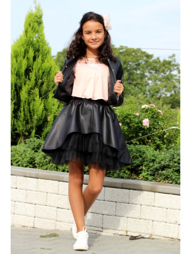 Комплект дари от 3 части-детска кожена пола в чернo, късо кожено яке в