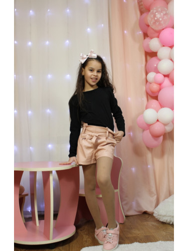 Комплект от детска блузка в черно и кожени панталони в пепел от рози