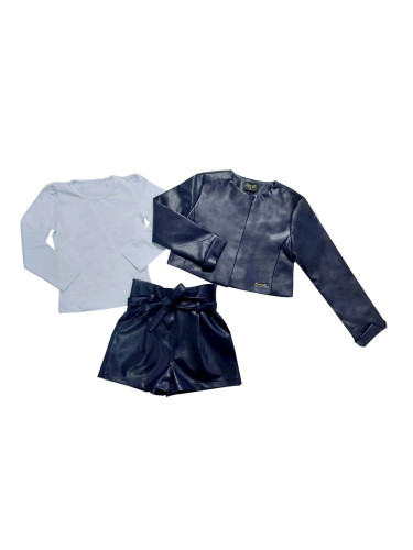 Комплект от 3 части- къси кожени панталони в тъмносиньо, блузка в бяло