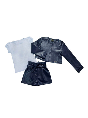 Комплект от 3 части- къси кожени панталони, тениска в бяло и кожено як