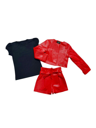 Комплект Дивна от 3 части- къси кожени панталони, тениска и кожено яке