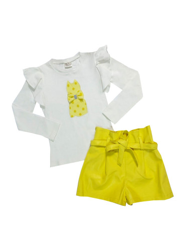Комплект Мелания от детска блузка в екрю и кожени панталони в жълто