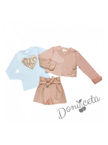 Комплект от 3 части- къси кожени панталони, блузка в бяло и кожено яке