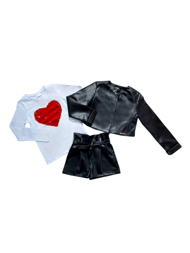 Комплект от 3 части- къси кожени панталони, блузка в бяло и кожено яке