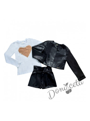 Комплект от 3 части- къси кожени панталони, блузка и кожено яке в черн