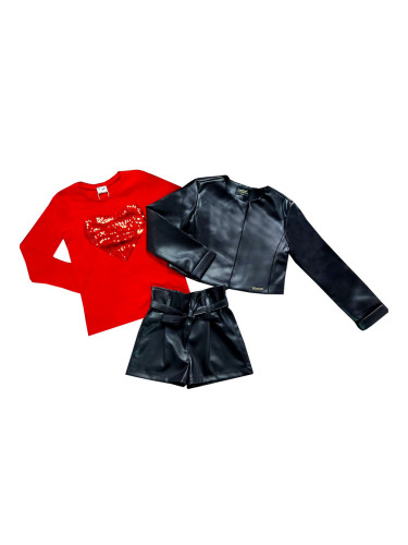 Комплект от 3 части- къси кожени панталони, блузка в червено и кожено 