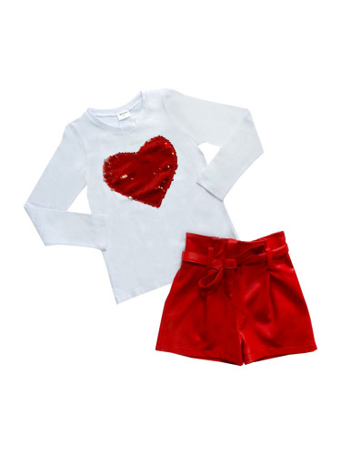 Комплект Дивна от детска блузка в бяло и кожени панталони в червено