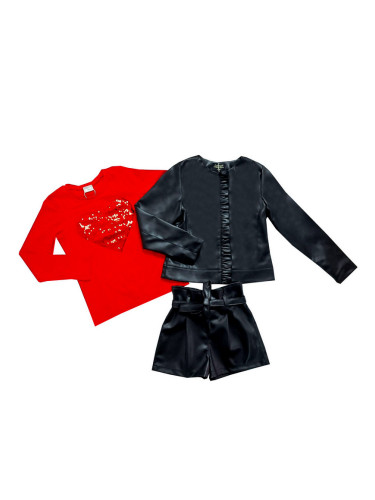 Комплект от 3 части- къси кожени панталони, блуза в червено и кожено я