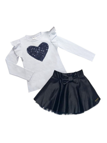 Детски комплект Contrast от кожена пола в тъмносиньо и блузка в бяло с