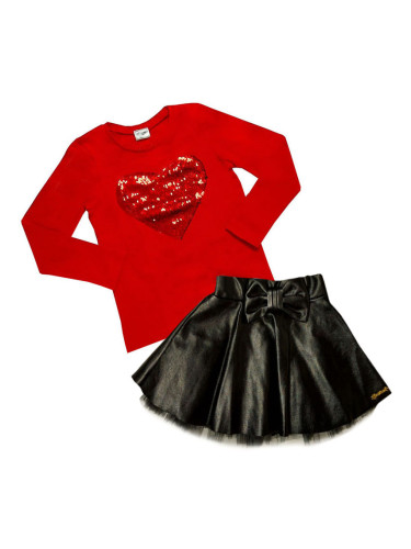 Детски комплект от кожена пола в черно и блузка в червено със сърце