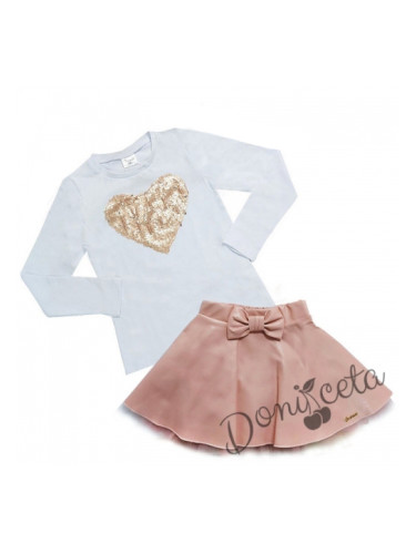 Детски комплект от кожена пола в пепел от рози и блузка в бяло със сър