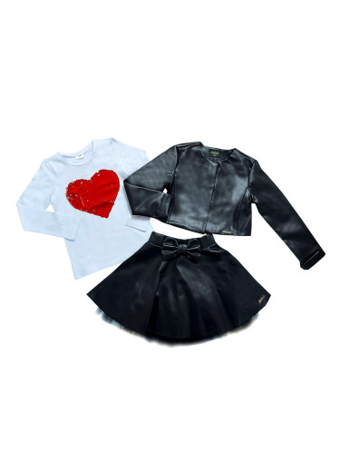 Комплект от 3 части-детска кожена пола в черно, блузка в бяло и кожен